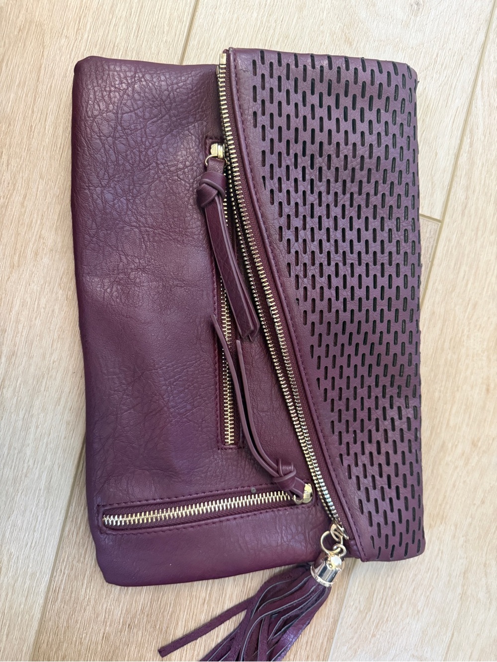 Women’s Foldover Clutch Bag in Plum with Tassel